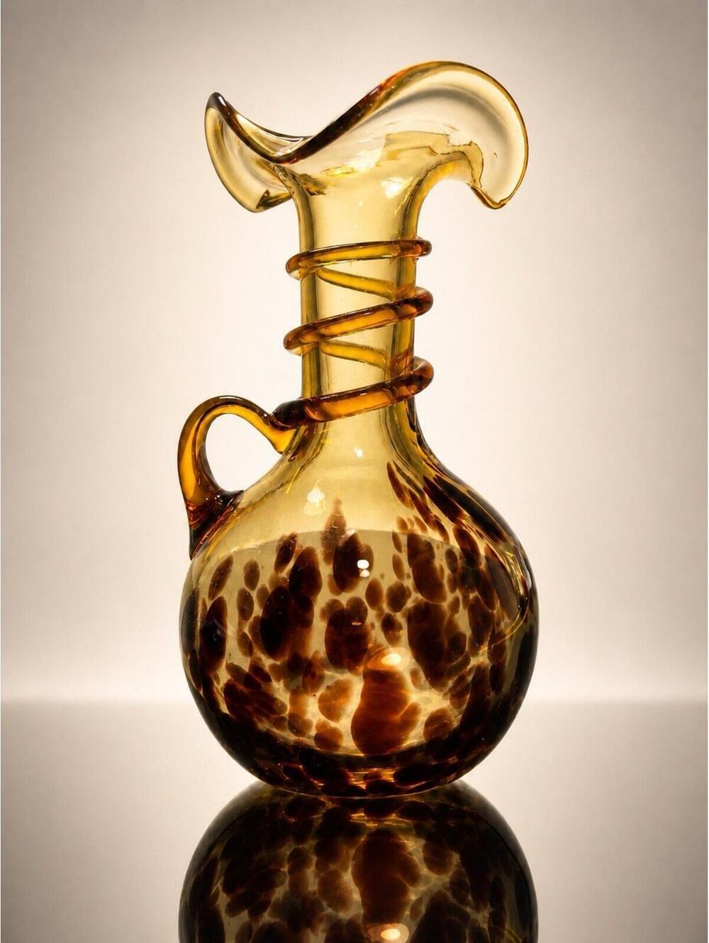 Empoli Italy 1960s Tartaruga Amber Tortoiseshell Art Glass Pitcher Vase, 4x8.5”